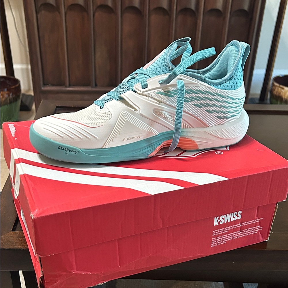 K-Swiss White and Aqua Tennis Sneakers